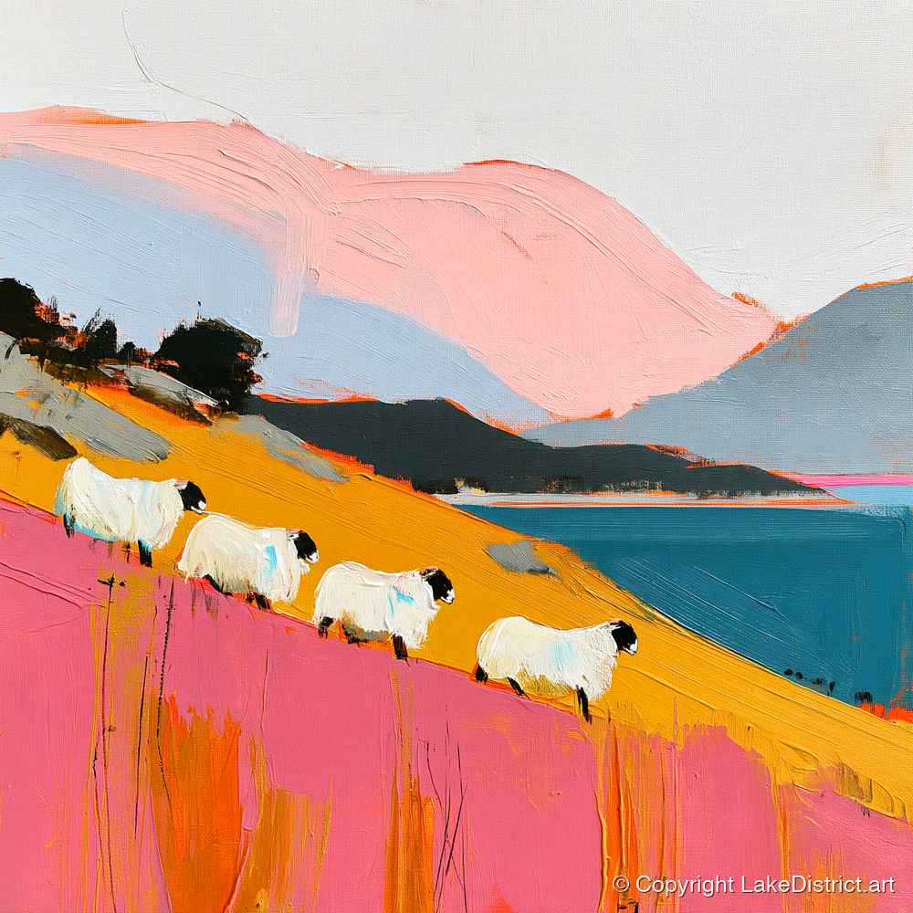 Vibrant Herdwicks Above Teal Lake - lake district wildlife art print and canvas by Genevieve Moore A.I