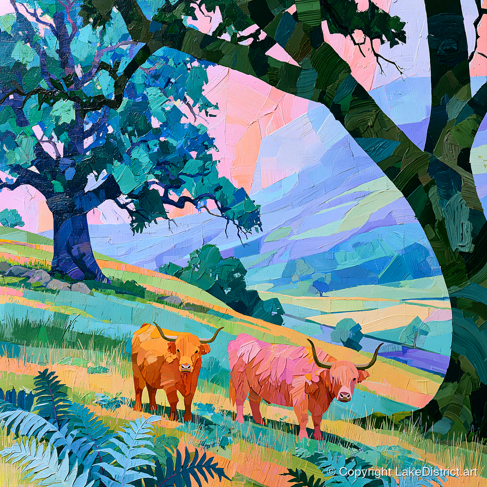 Vibrant Highland Cattle Beneath Fells - lake district wildlife art print and canvas by Sylvia Carmichael A.I