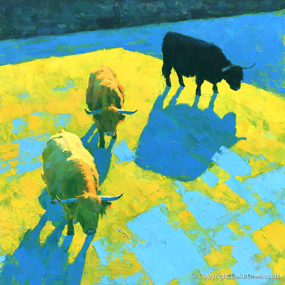 Vibrant Highland Cattle in Summer Light - lake district wildlife art print and canvas by Daphne Morley A.I