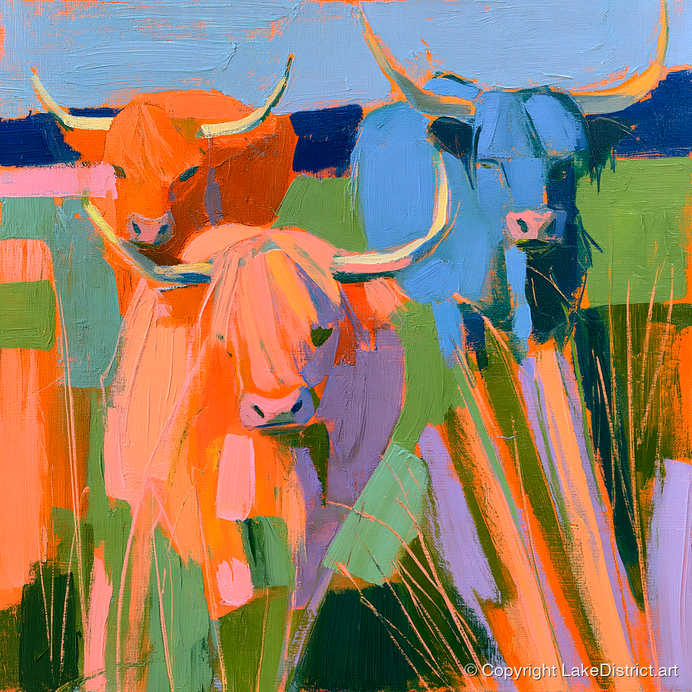 Vibrant Highland Cattle Trio - lake district wildlife art print and canvas by Simon Prescott A.I