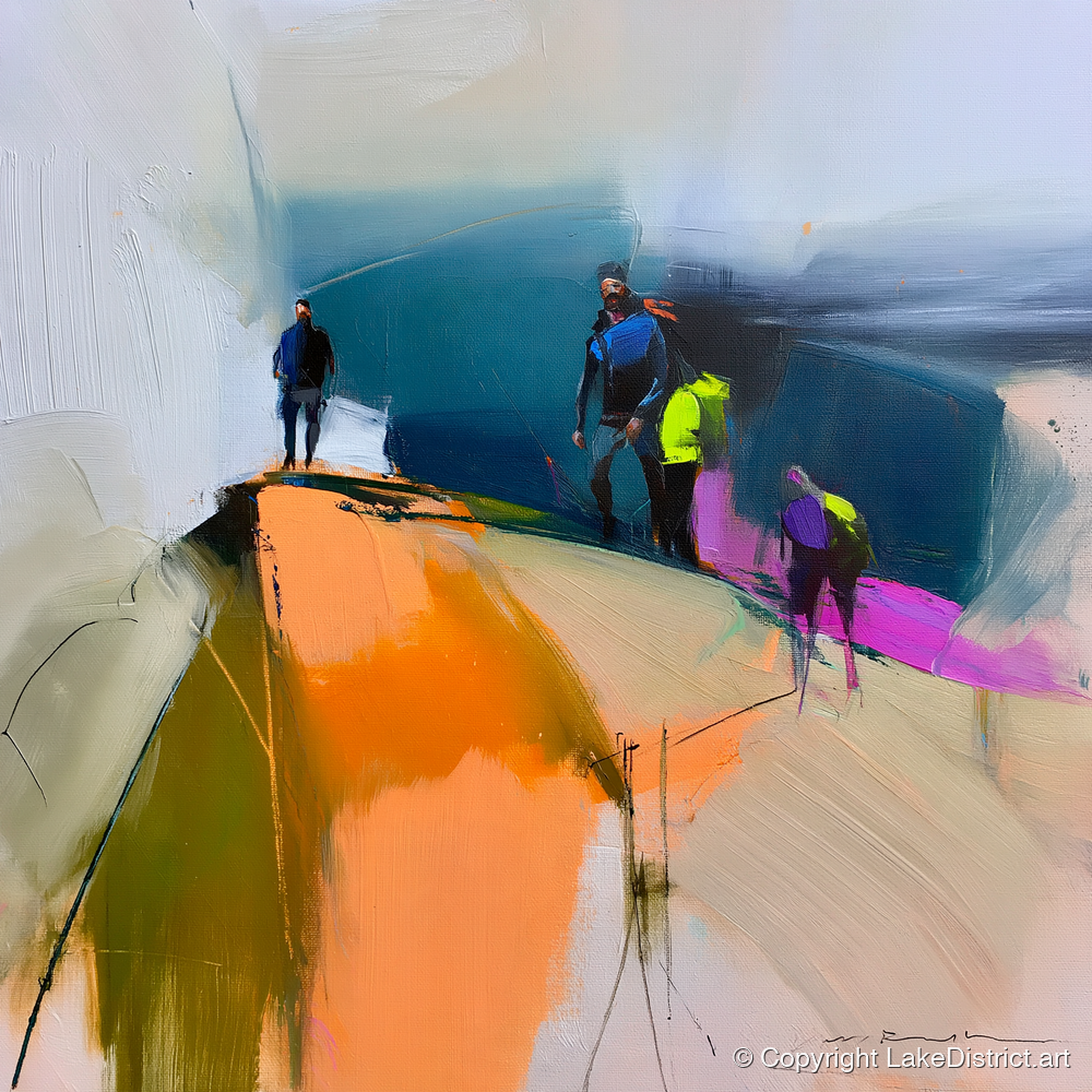 Vibrant Hikers on a Fell Top - lake district fell art print and canvas by Warren Yates A.I