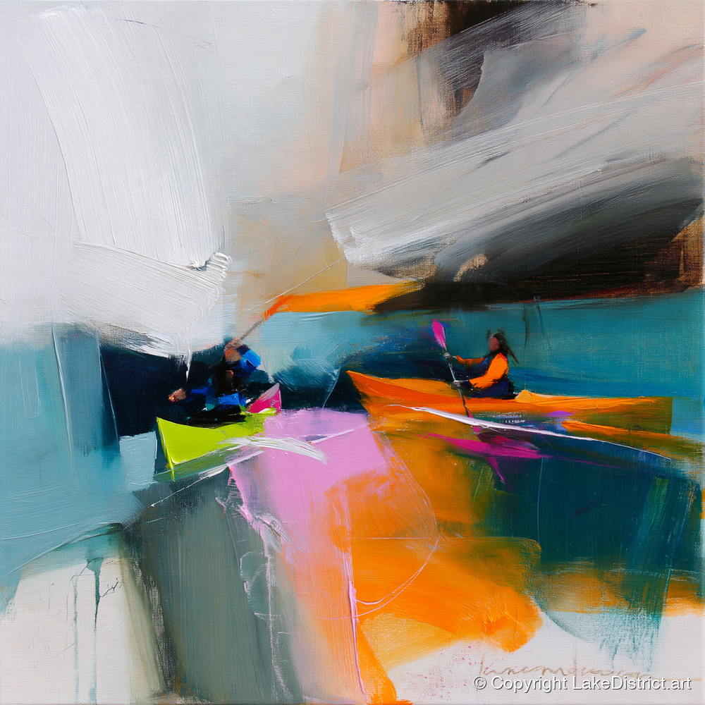 Vibrant Kayakers on a Lake - lake district walking art print and canvas by Warren Yates A.I