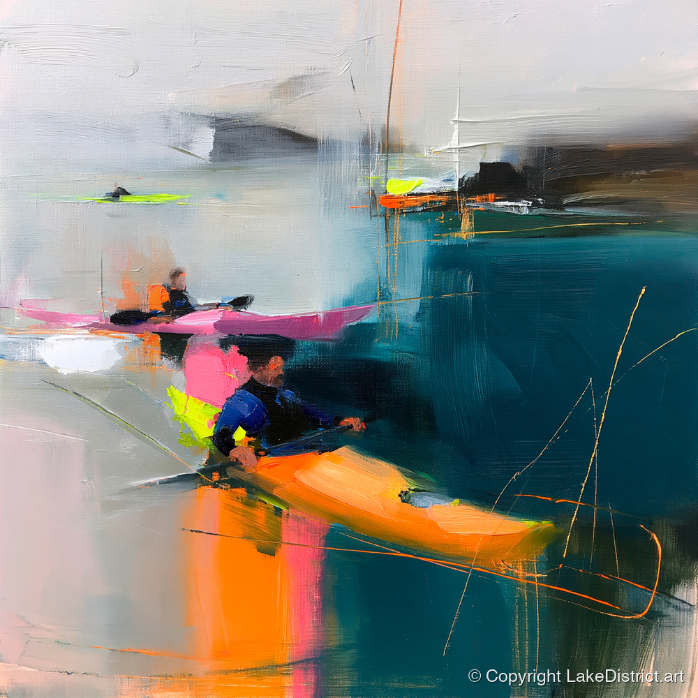 Vibrant Kayaks on Teal Water - lake district walking art print and canvas by Warren Yates A.I