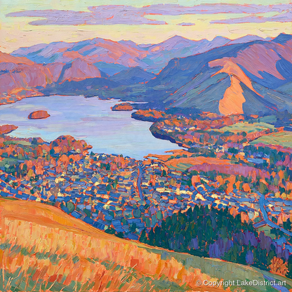 Vibrant Keswick and Derwentwater - lake district village art print and canvas by Celia Harding A.I