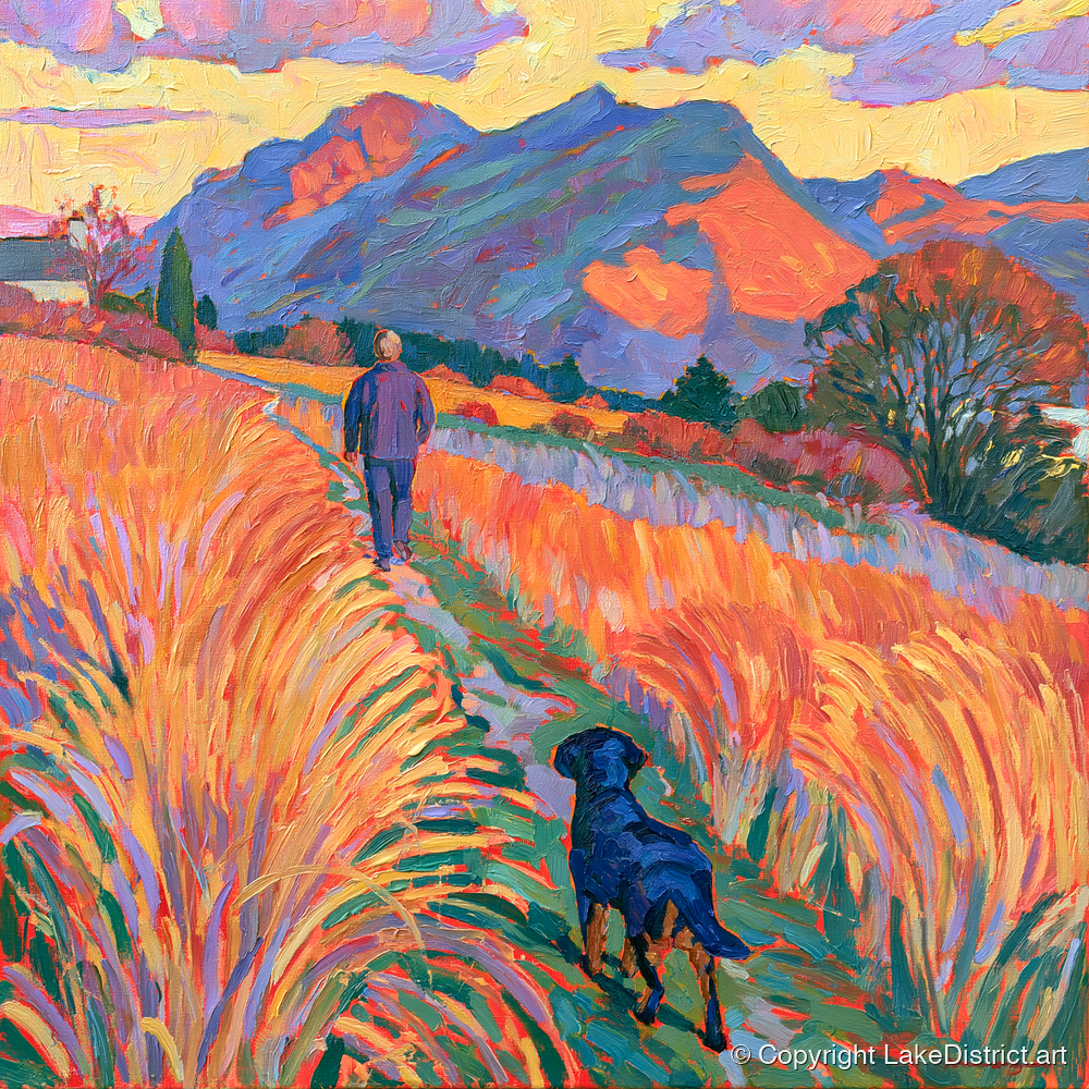 Vibrant Keswick Fells Dog Walk - gifts for dog walkers art print and canvas by Celia Harding A.I