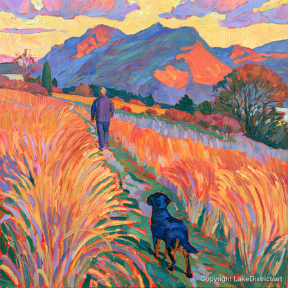 Vibrant Keswick Fells Dog Walk - gifts for dog walkers art print and canvas by Celia Harding A.I