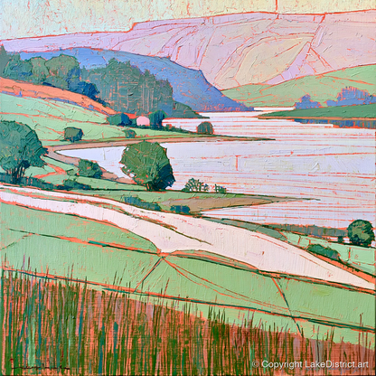 Vibrant Lake And Pastel Fells - lake district lake art print and canvas by Cedric Montgomery A.I