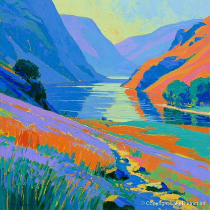 Vibrant Lake and Steep Fells - lake district lake art print and canvas by Jonathan Crawford A.I