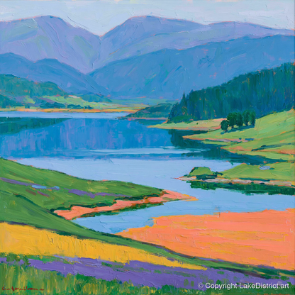 Vibrant Lake and Violet Fells - lake district lake art print and canvas by Marshall Davies A.I