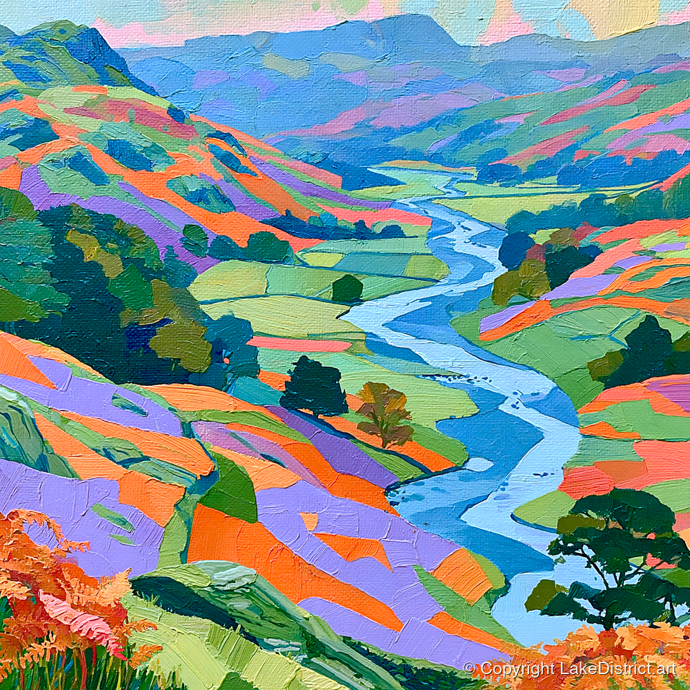 Vibrant Lake District River Valley - lake district waterfall art print and canvas by Sylvia Carmichael A.I