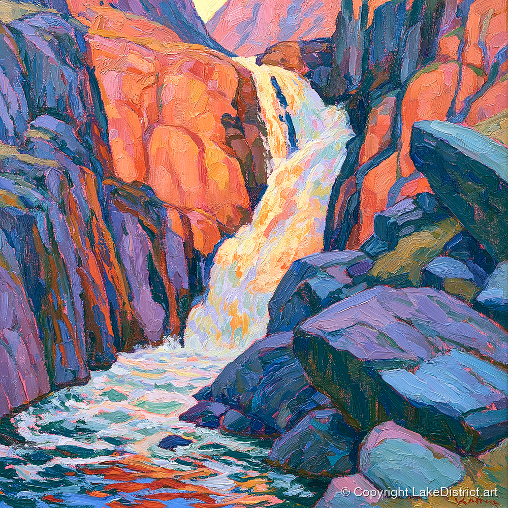 Vibrant Lake District Waterfall Cascade - lake district waterfall art print and canvas by Celia Harding A.I