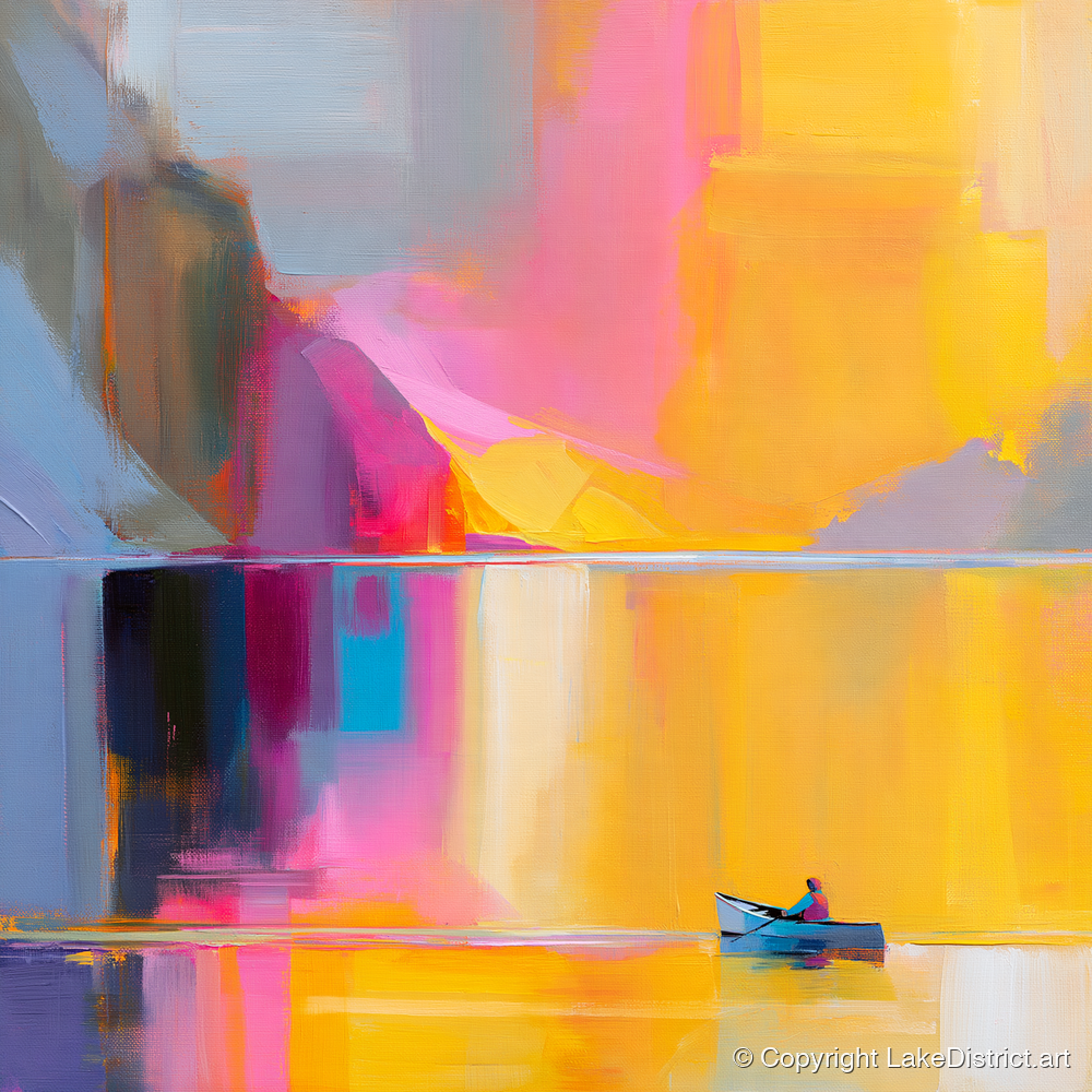 Vibrant Lake Kayaking in Gold - lake district walking art print and canvas by Imogen Tate A.I