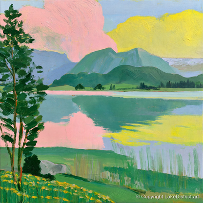 Vibrant Lake With Pink Clouds - lake district lake art print and canvas by Vivienne Roth A.I
