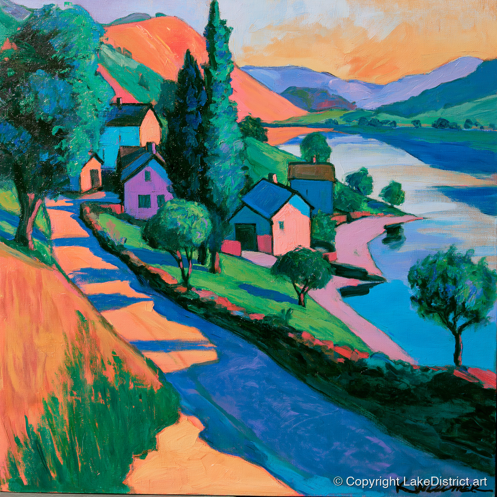 Vibrant Lakeside Village at Sunset - lake district village art print and canvas by Gideon Wright A.I