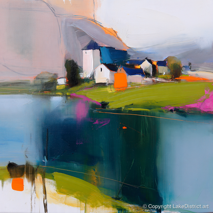 Vibrant Lakeside Village Reflections - lake district village art print and canvas by Warren Yates A.I