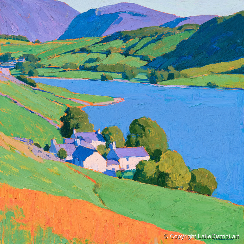 Vibrant Lakeside Village Scene - lake district village art print and canvas by Marshall Davies A.I