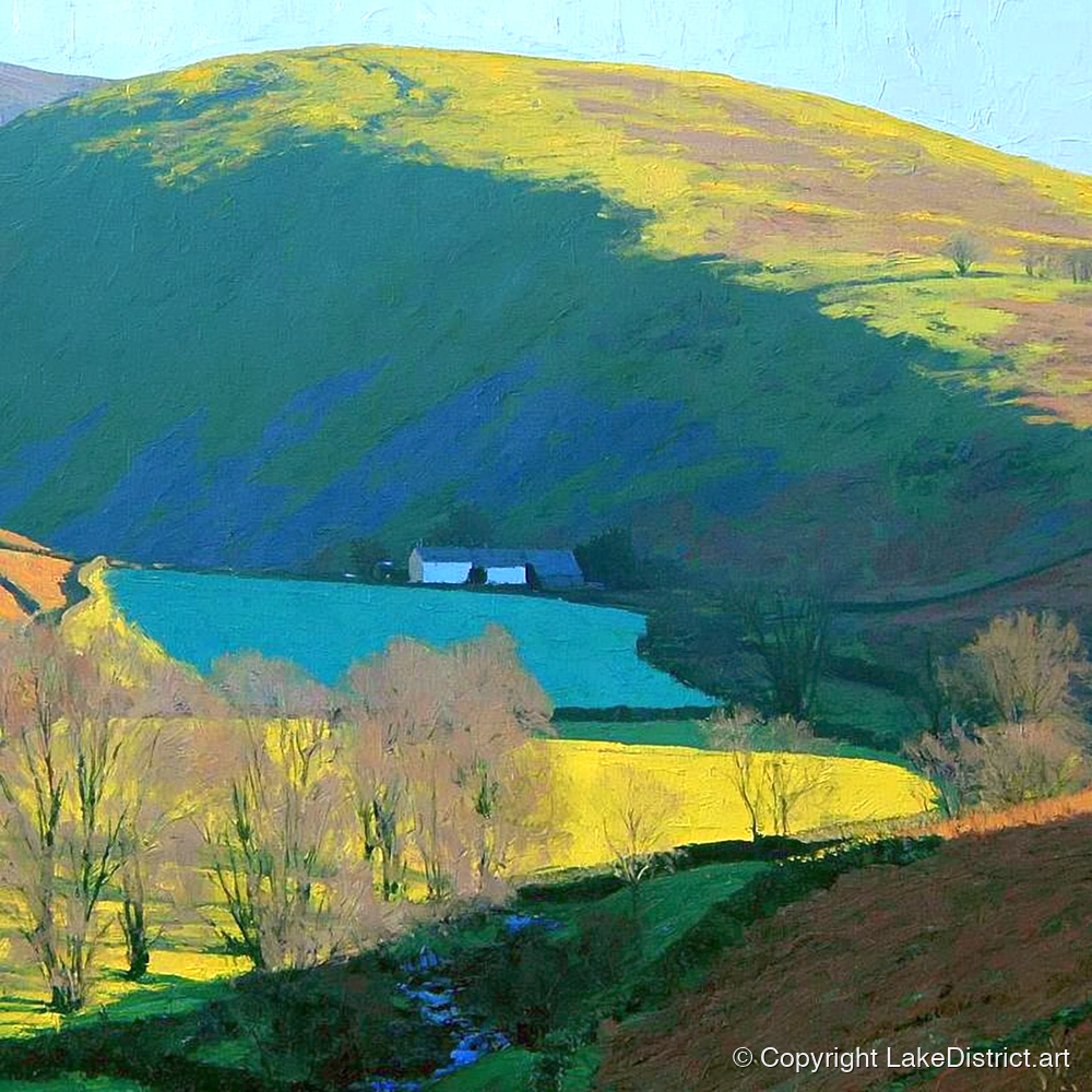 Vibrant Ling Fell Valley Farm - lake district fell art print and canvas by Daphne Morley A.I