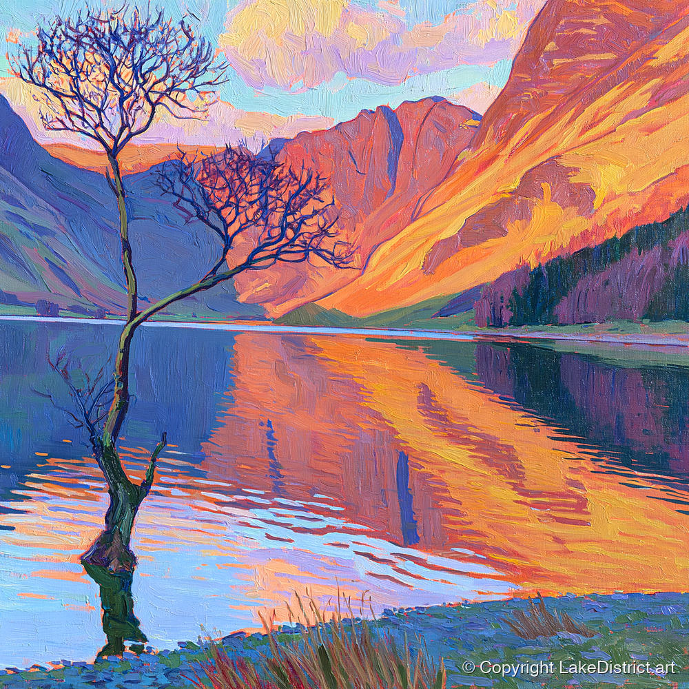 Vibrant Lone Tree at Buttermere - lake district lake art print and canvas by Celia Harding A.I