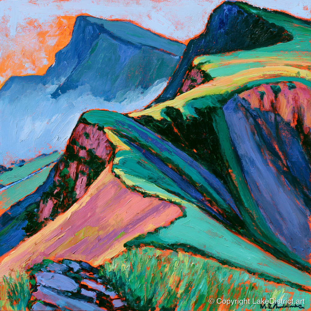 Vibrant Misty Mountain Ridge - lake district fell art print and canvas by Gideon Wright A.I