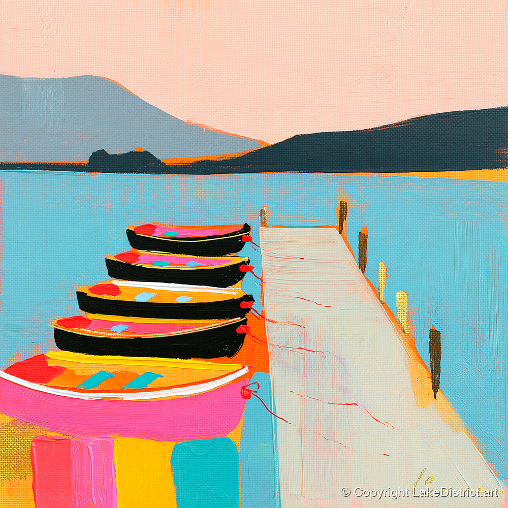 Vibrant Moored Boats on Windermere - lake district lake art print and canvas by Genevieve Moore A.I