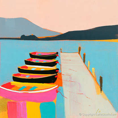Vibrant Moored Boats on Windermere - lake district lake art print and canvas by Genevieve Moore A.I