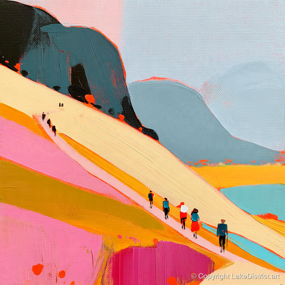 Vibrant Mountain Path Walkers - lake district walking art print and canvas by Genevieve Moore A.I