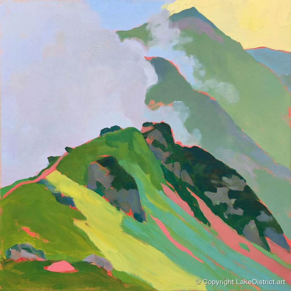Vibrant Mountain Ridge in Mist - lake district fell art print and canvas by Vivienne Roth A.I