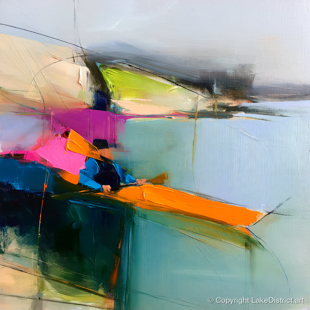 Vibrant Orange Kayak on the Lake - lake district walking art print and canvas by Warren Yates A.I