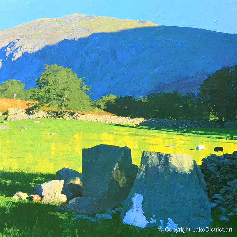 Vibrant Pastures Below Kentmere Pike - lake district fell art print and canvas by Daphne Morley A.I