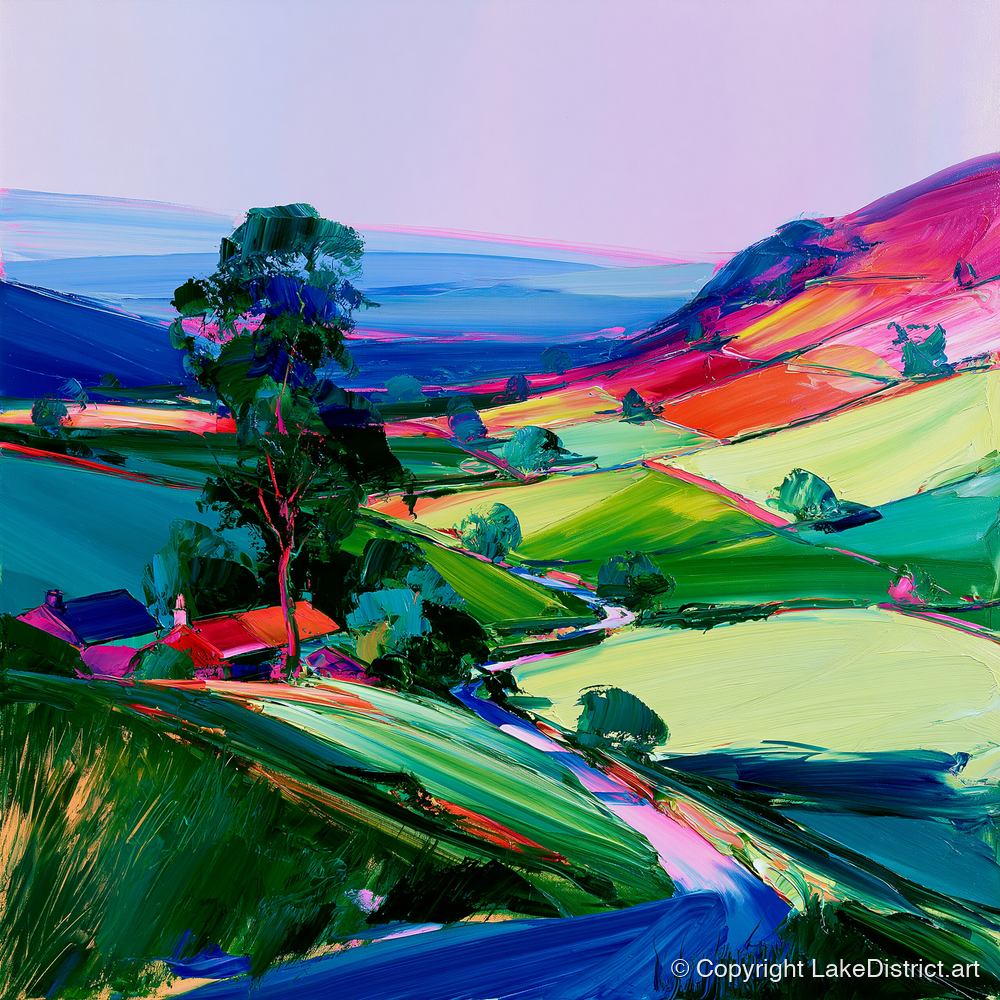 Vibrant Patchwork Dale Fields - lake district valley art print and canvas by Julian Mercer A.I