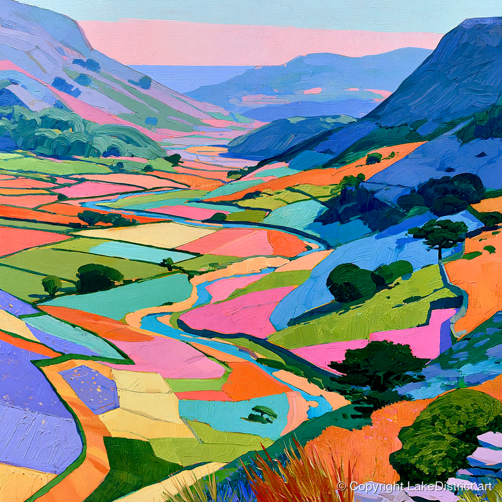 Vibrant Patchwork Fields and Fells - lake district valley art print and canvas by Sylvia Carmichael A.I