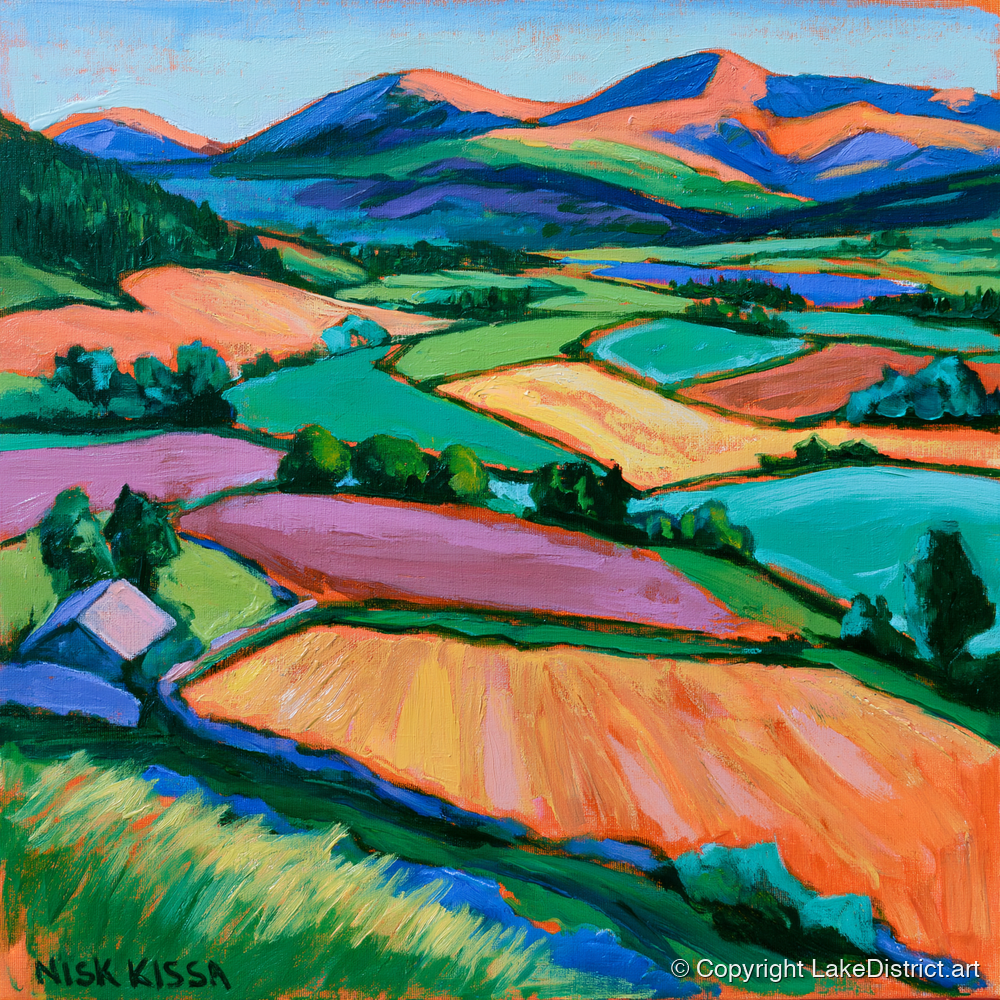 Vibrant Patchwork Fields in a Dale - lake district valley art print and canvas by Gideon Wright A.I