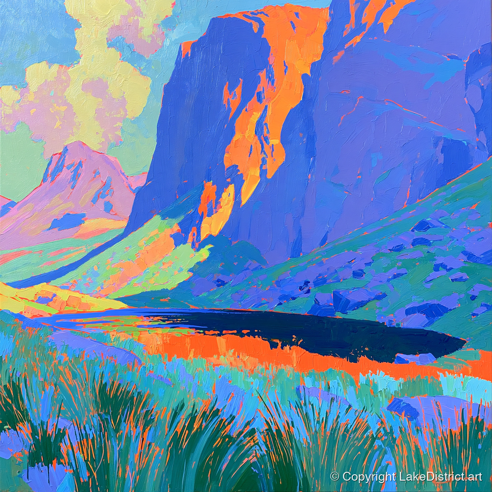 Vibrant Pavey Ark over Stickle Tarn - lake district fell art print and canvas by Jonathan Crawford A.I