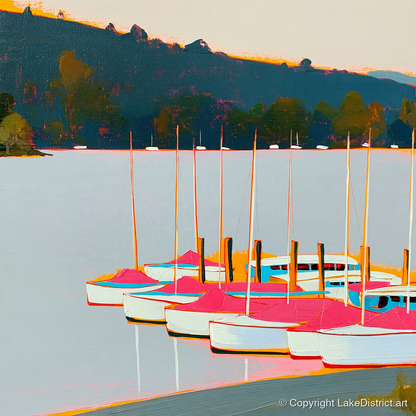 Vibrant Pink Boats on Windermere - lake district lake art print and canvas by Genevieve Moore A.I