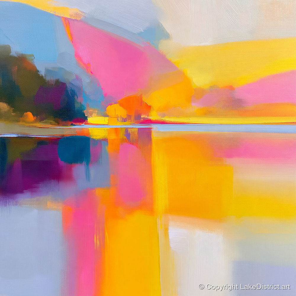 Vibrant Pink Calm Lake Reflections - lake district lake art print and canvas by Imogen Tate A.I