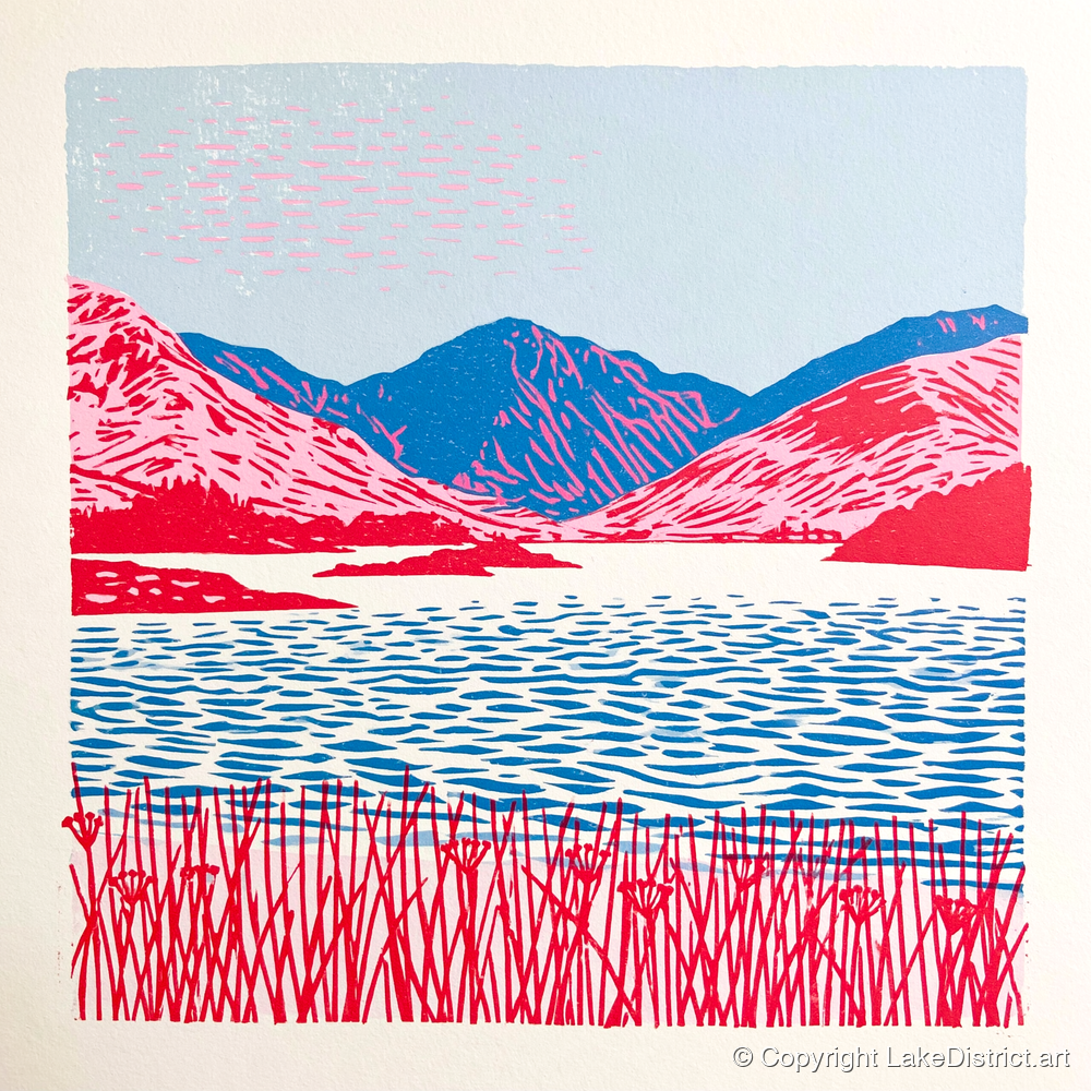 Vibrant Pink Fells and Lake - lake district lake art print and canvas by Christopher Seaton A.I