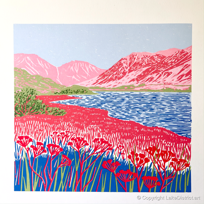 Vibrant Pink Fells at Ennerdale - lake district valley art print and canvas by Christopher Seaton A.I