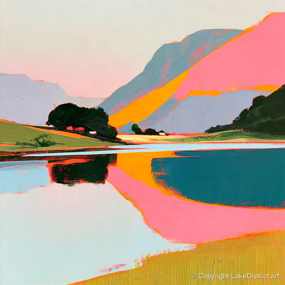 Vibrant Pink Lake At Dawn - lake district lake art print and canvas by Genevieve Moore A.I