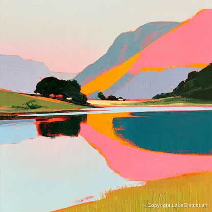 Vibrant Pink Lake At Dawn - lake district lake art print and canvas by Genevieve Moore A.I