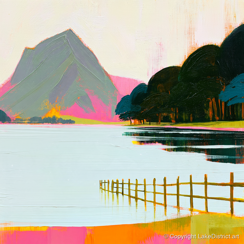Vibrant Pink Shores Of Buttermere - lake district lake art print and canvas by Genevieve Moore A.I