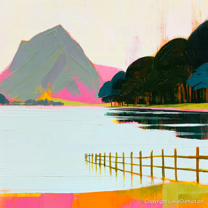 Vibrant Pink Shores Of Buttermere - lake district lake art print and canvas by Genevieve Moore A.I
