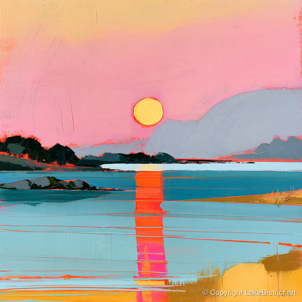 Vibrant Pink Sunset Over Water - lake district lake art print and canvas by Genevieve Moore A.I
