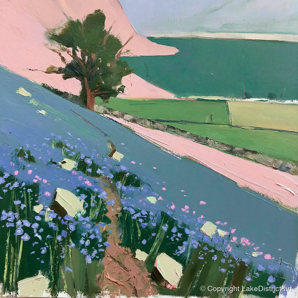 Vibrant Rannerdale Bluebells Crummock Water - lake district lake art print and canvas by Diana Sutherland A.I