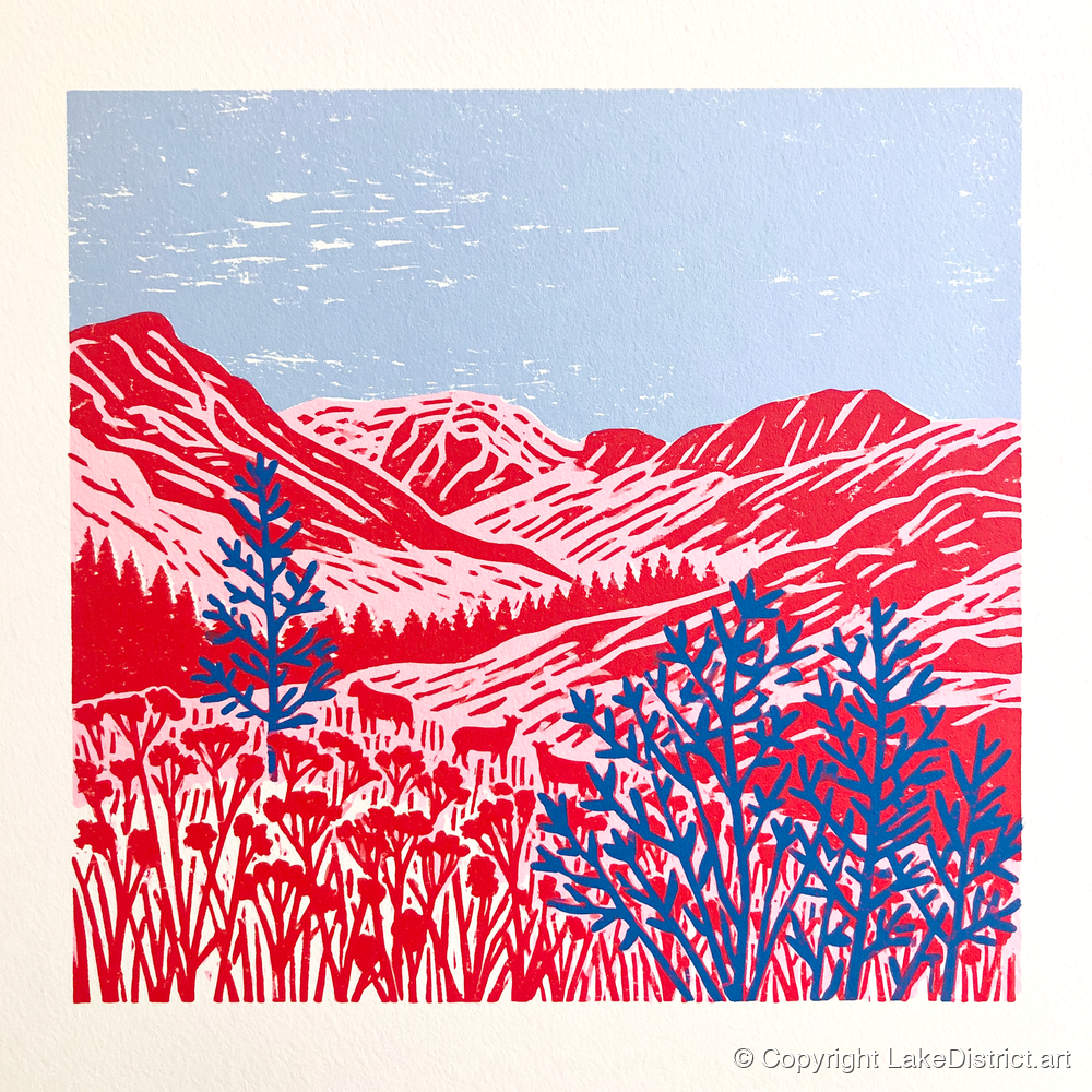 Vibrant Red Borrowdale Fells - lake district valley art print and canvas by Christopher Seaton A.I