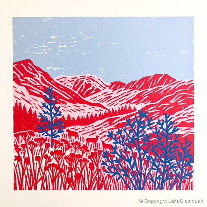 Vibrant Red Borrowdale Fells - lake district valley art print and canvas by Christopher Seaton A.I