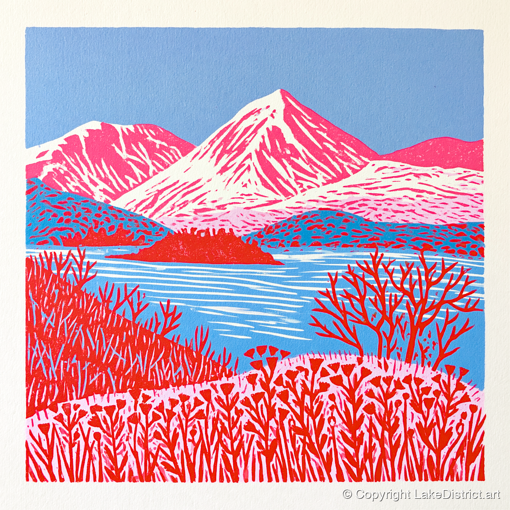 Vibrant Red Catbells Landscape - lake district fell art print and canvas by Christopher Seaton A.I