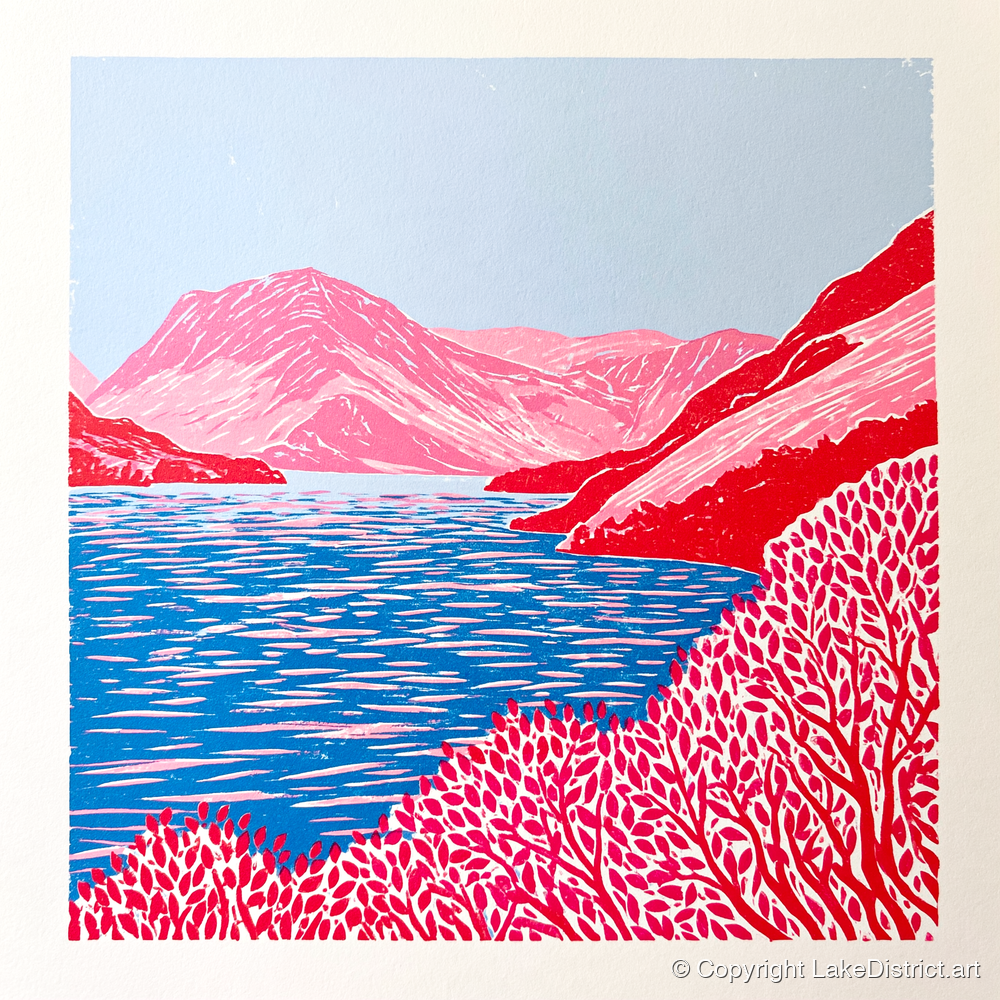 Vibrant Red Crummock Water - lake district lake art print and canvas by Christopher Seaton A.I