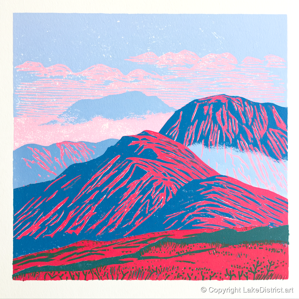 Vibrant Red Misty Mountain Ridge - lake district fell art print and canvas by Christopher Seaton A.I