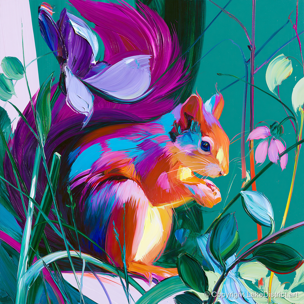 Vibrant Red Squirrel in Woodland - lake district wildlife art print and canvas by Julian Mercer A.I