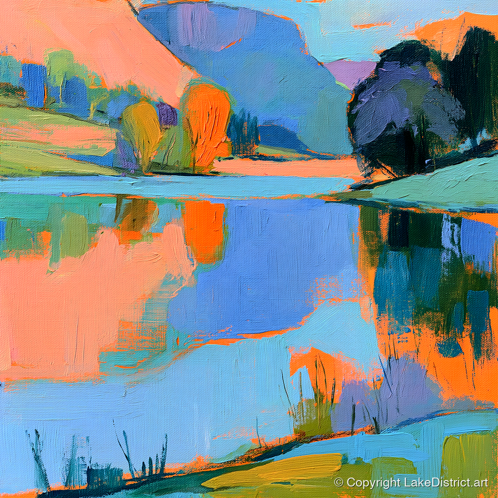 Vibrant Reflections on a Calm Lake - lake district lake art print and canvas by Simon Prescott A.I